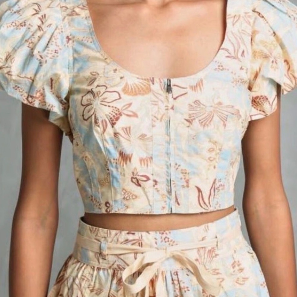 $320 Ulla Johnson Pre Fall 2022 Puff Sleeve Patterned Crop Top Blue Tan‎ Size 00